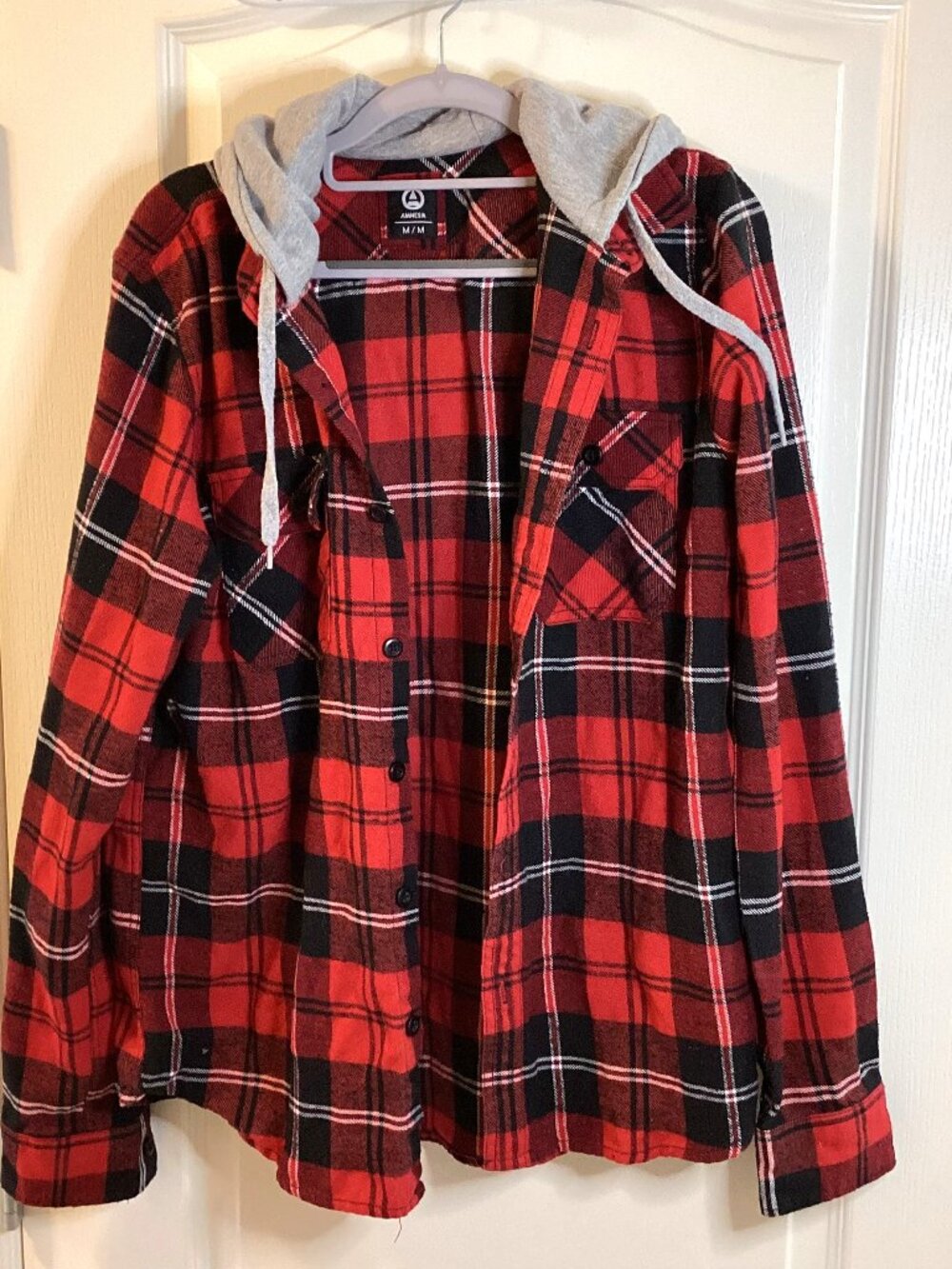 Amnesia Men's Red Plaid Flannel Hooded Long Sleeve Shirt Button Down Shacket